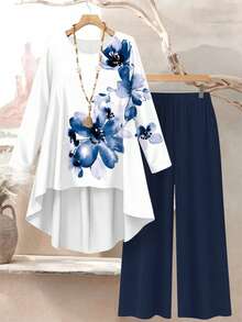 Lacomfia Women's Blue Watercolor Floral Digital Print Casual Loose Fit Round Neck Top And Pants 2 Pieces Set - Multicolor - View 1