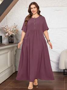 Lacomfia Women's Short Sleeve Loose Elegant Comfortable Minimalist Plus Size Dress With Pockets - Dusty Purple - View 5