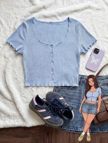 Comfortcana Camiseta básica de punto azul de manga corta, talla grande, para verano - Celeste - Ver 5