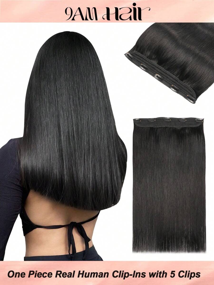 One Piece Clip In Human Hair Extensions, 5 Clips 3/4 Full Head Clip On Remy Straight Hairpieces, Natural Black Real Human Hair Adding Volume For Thin Hair, Daily Salon Wear For Women And Girls - SNatural - View 1