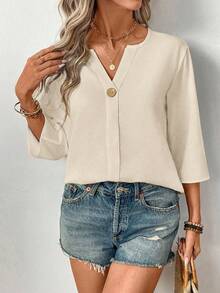 EMERY ROSE Women's Solid Color V-Neck Casual Versatile Daily Wear Shirt - Apricot - View 3