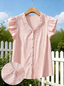 SHEIN LUNE CURVE Plus Size Women Contrast Lace Cap Sleeve Single-Breasted Casual Shirt Gym Brown Summer - Baby Pink - View 1