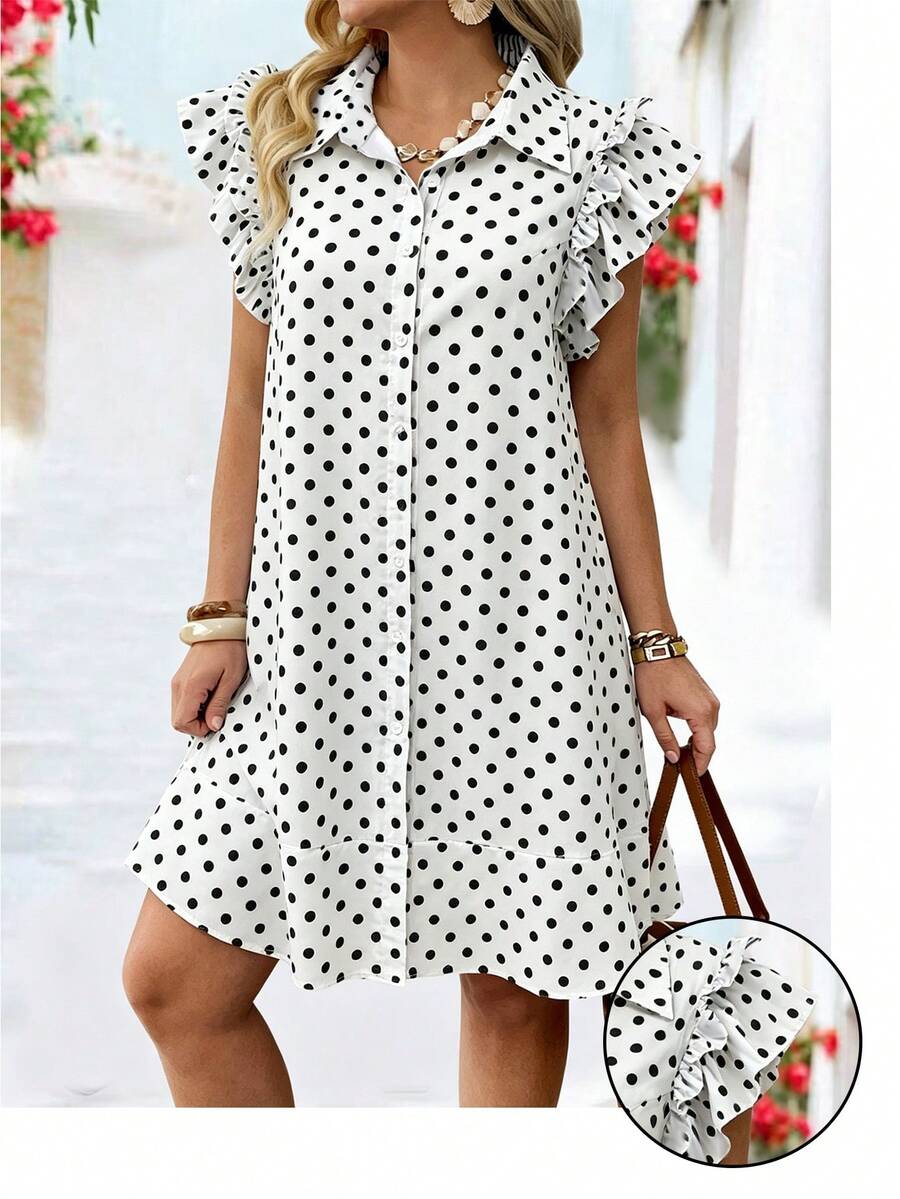 EMERY ROSE Plus Size Polka Dot Print Cap Sleeve Casual Dress, Spring/Summer - White - View 1