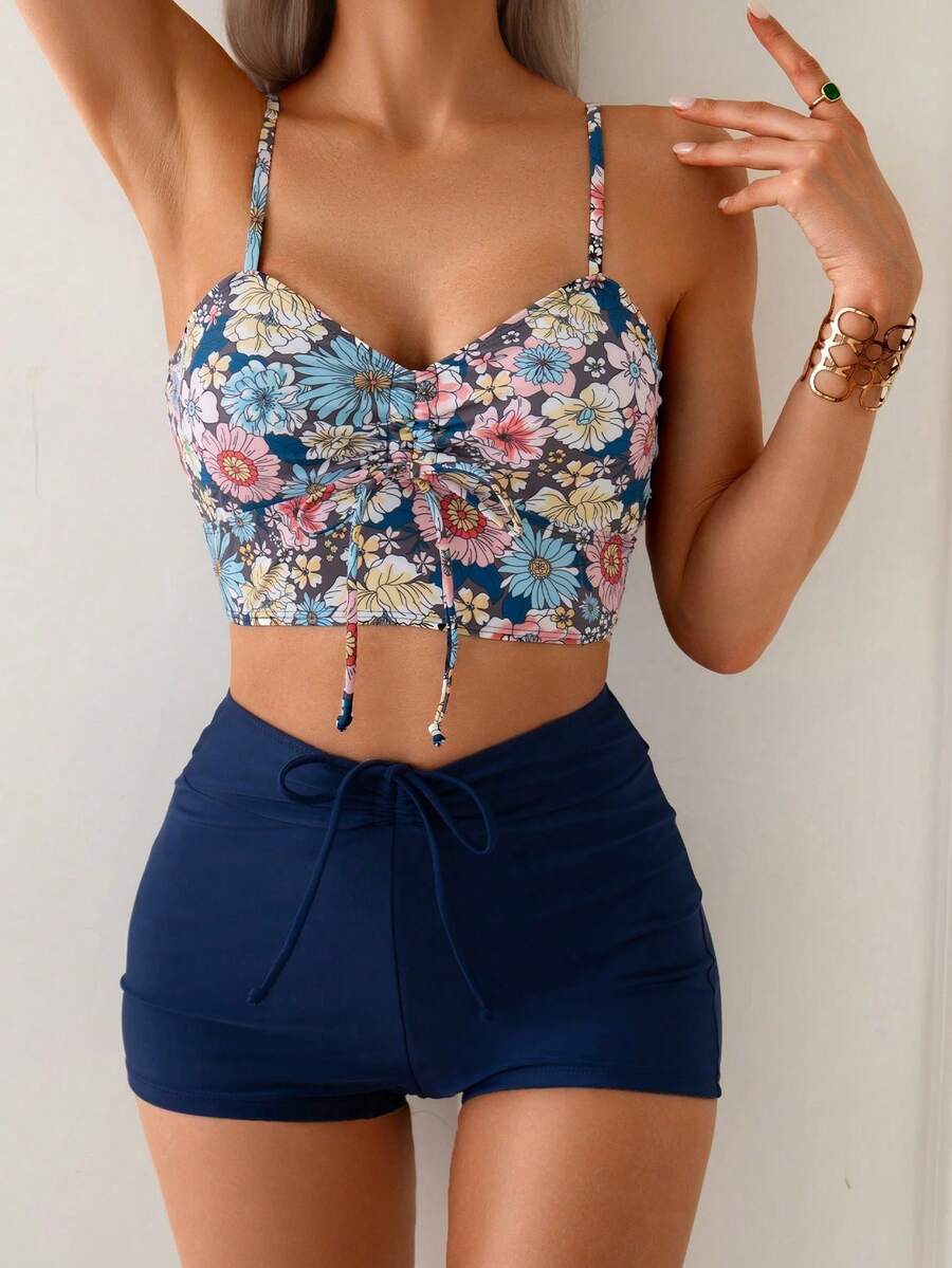 Swim Lushoire 女款海軍藍花卉坦基尼套裝，高腰細肩帶波西米亞性感熱帶風夏季海灘度假泳衣，保守款度假泳池派對適用 - 藏蓝色 - 查看 1