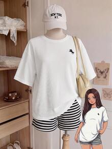 Comfortcana Conjunto vintage de camisa de manga corta de cuello redondo y pantalones cortos a rayas, talla grande, primavera/verano - Blanco y Negro - Ver 3