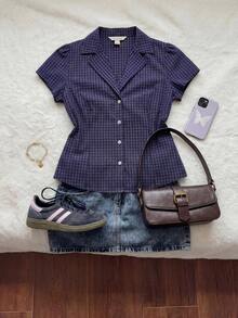 Comfortcana 大码女式夏季休闲/办公通勤格纹印花翻领花瓣袖修身衬衫 - 藍色 - 查看 4