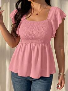 EMERY ROSE Blusa casual de mujer de talla grande con cuello cuadrado y mangas cortas - Rosa - Ver 6