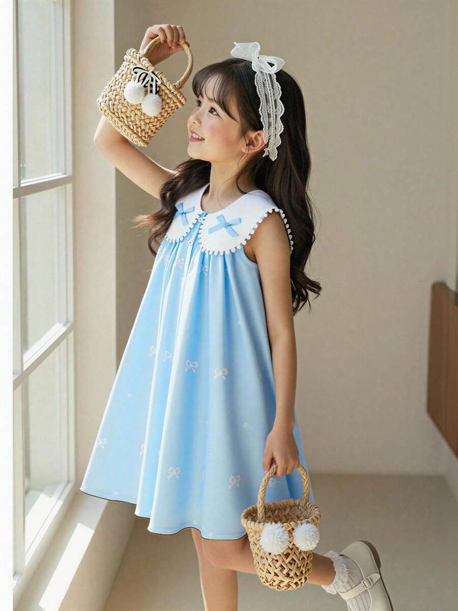 SHEIN Genkimix Kids 女童绿色蝴蝶结花卉印花白色领蝴蝶结装饰休闲连衣裙