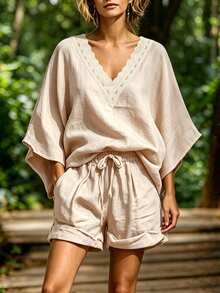 EMERY ROSE Women's Beige Summer Boho Holiday Vacation Holiday Lace 2-Piece Set,Textured Embroidered V-Neck Batwing Sleeve Shirt & Wide Leg Folding Tie Shorts - Apricot - View 4