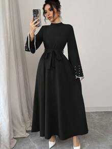 Elenzga Women Elegant High Collar Bell Sleeve Dress Fall Cloth For Women - Black - View 4