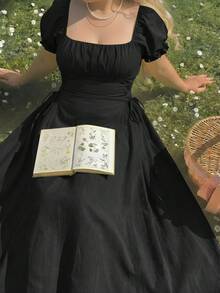 SHEIN MOD 大码女式黄色泡泡袖系腰中长连衣裙，优雅浪漫复古风，春夏女装，浪漫优雅度假派对中长连衣裙，夏季假日装，优雅派对，奢华晚宴，仪式，海滩度假装，女式度假装，优雅女士仪式礼服，婚礼宾客礼服，奢华晚礼服，正式礼服，毕业典礼礼服，黄色连衣裙，柠檬黄连衣裙，泡泡袖连衣裙，田园风连衣裙 - 黑色 - 查看 1