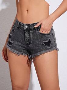 SHEIN ICON 女式口袋做旧磨边休闲牛仔短裤 - 灰色 - 查看 5