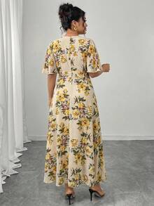Modelyn Plus Size Women's Elegant Round Neck Ruffle Flare Sleeve Fitted Flowy Maxi Chiffon Dress, Spring/Summer - Multicolor - View 2