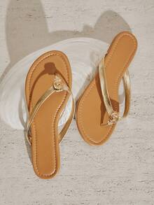 SHUZIA Sandalias de dedo con tira en T y diseño de concha marina para mujer - Dorado - Ver 6