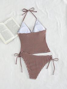 Swim Mod Bộ đồ bơi tankini nữ mùa xuân hè họa tiết kẻ caro cổ chữ V thắt nút, kiểu dáng dễ thương, quyến rũ, thích hợp cho lễ hội âm nhạc. - Đen và trắng - Xem 2