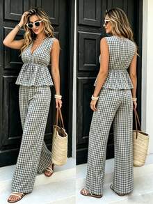 SHEIN PariChic Bộ đồ không tay kẻ caro xanh trắng kiểu Pháp – Thích hợp cho đi làm và đi nghỉ mát mùa xuân/hè, dáng ôm, ống rộng. - Màu xanh lam - Xem 2