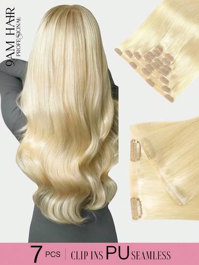 Seamless 7PCS PU Clip In Hair Extensions Human Hair #613 Blonde Color Remy Clip In Extensions Human Hair Invisible PU Skin Weft Natural Remy Hair Extensions Clip Ins 14-22 Inch Natural Seamless Straight Human HairFor Thin Hair/Salon Use And For All Women/Girls Daily Use