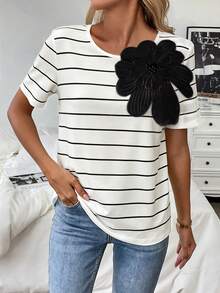 Franclia Camiseta de manga corta con aplicaciones florales para verano, camisetas gráficas para mujeres - Blanco - Ver 6