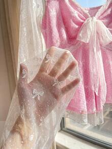 Comfortcana Áo kiểu dáng cỡ lớn, cổ búp bê, ren nơ, chất liệu xuyên thấu. - Màu Hồng baby - Xem 7