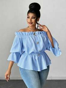 Maweii Blusa casual versátil de uso diario con hombros descubiertos y fruncidos en unicolor para mujer de talla grande - Azul - Ver 2