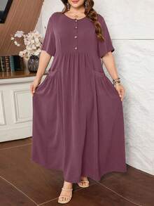 Lacomfia Women's Short Sleeve Loose Elegant Comfortable Minimalist Plus Size Dress With Pockets - Dusty Purple - View 6