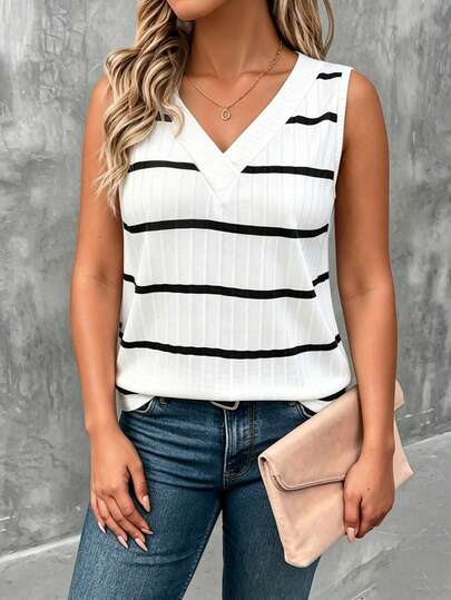 EMERY ROSE Áo tank top dệt kim cổ chữ V gân nổi đa năng dành cho nữ cỡ lớn
