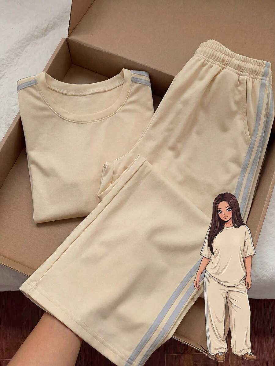 Comfortcana Plus Size Summer Casual Contrast Stripe T-Shirt And Pants 2 Pieces Set - Apricot - View 1