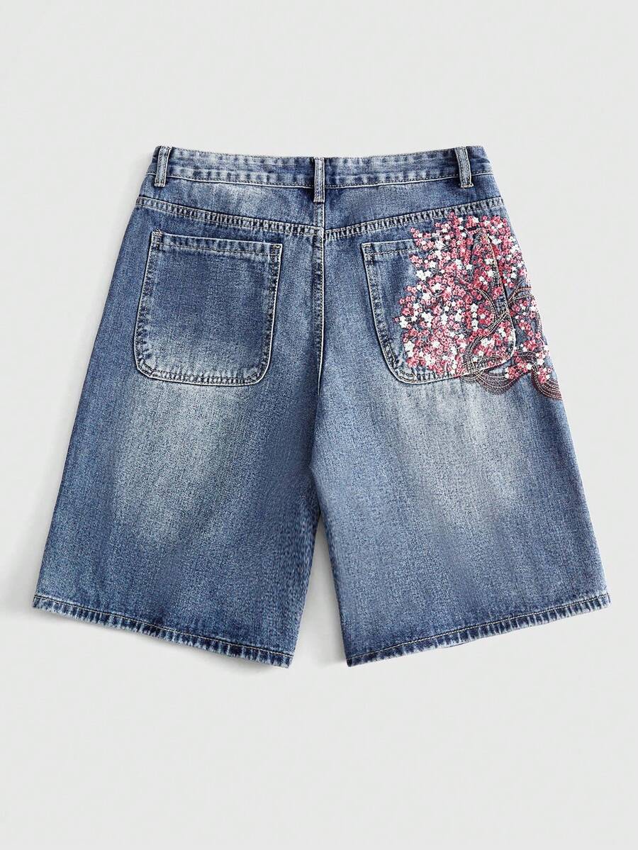 ROMWE MEN Pantalones cortos de mezclilla con bordado floral para hombres, corte holgado - Neblina azul - Ver 1