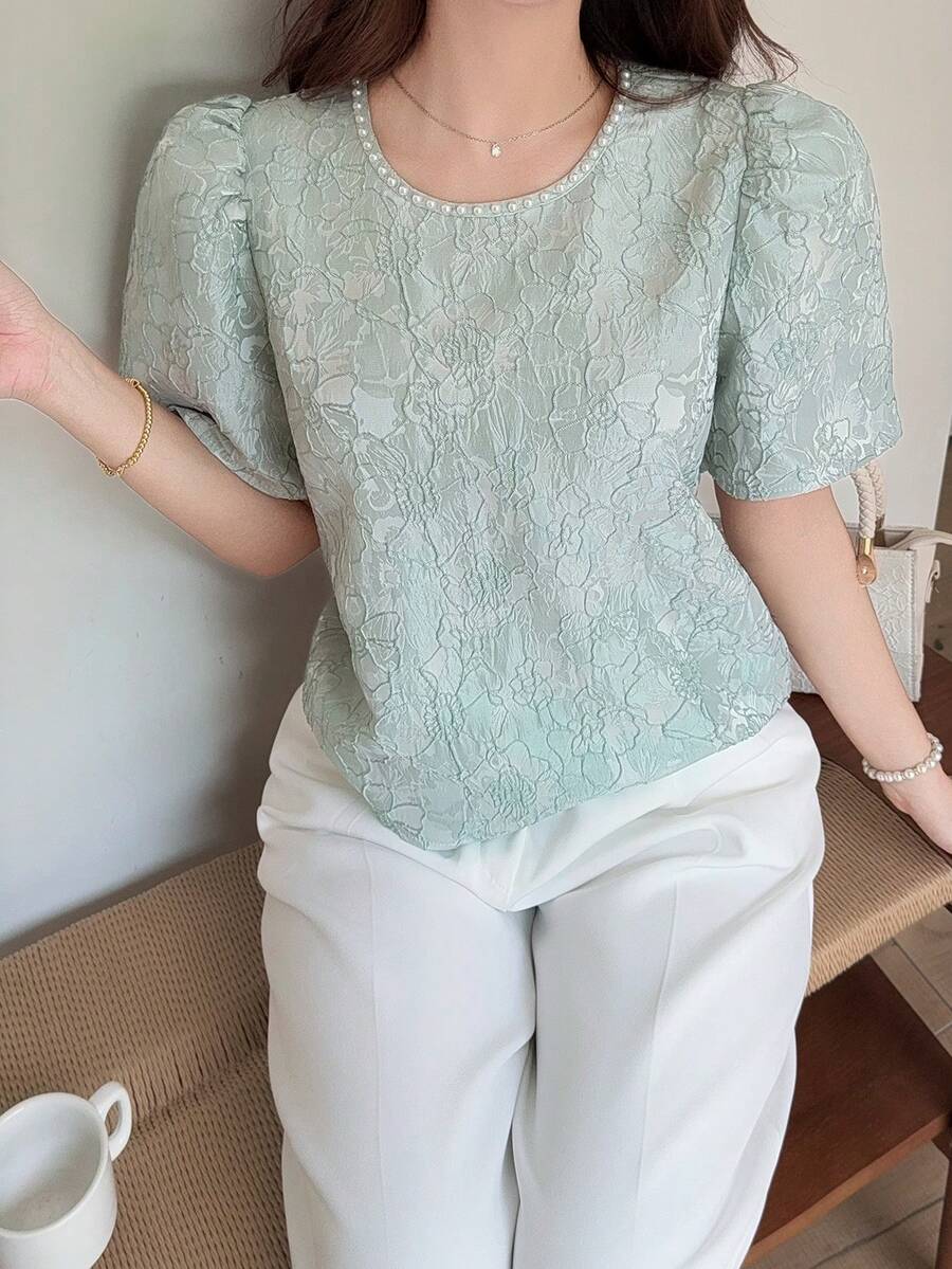 Feyla 新款蕾丝薄纱优雅百搭T恤上衣,适合日常穿着 - 綠色 - 查看 1
