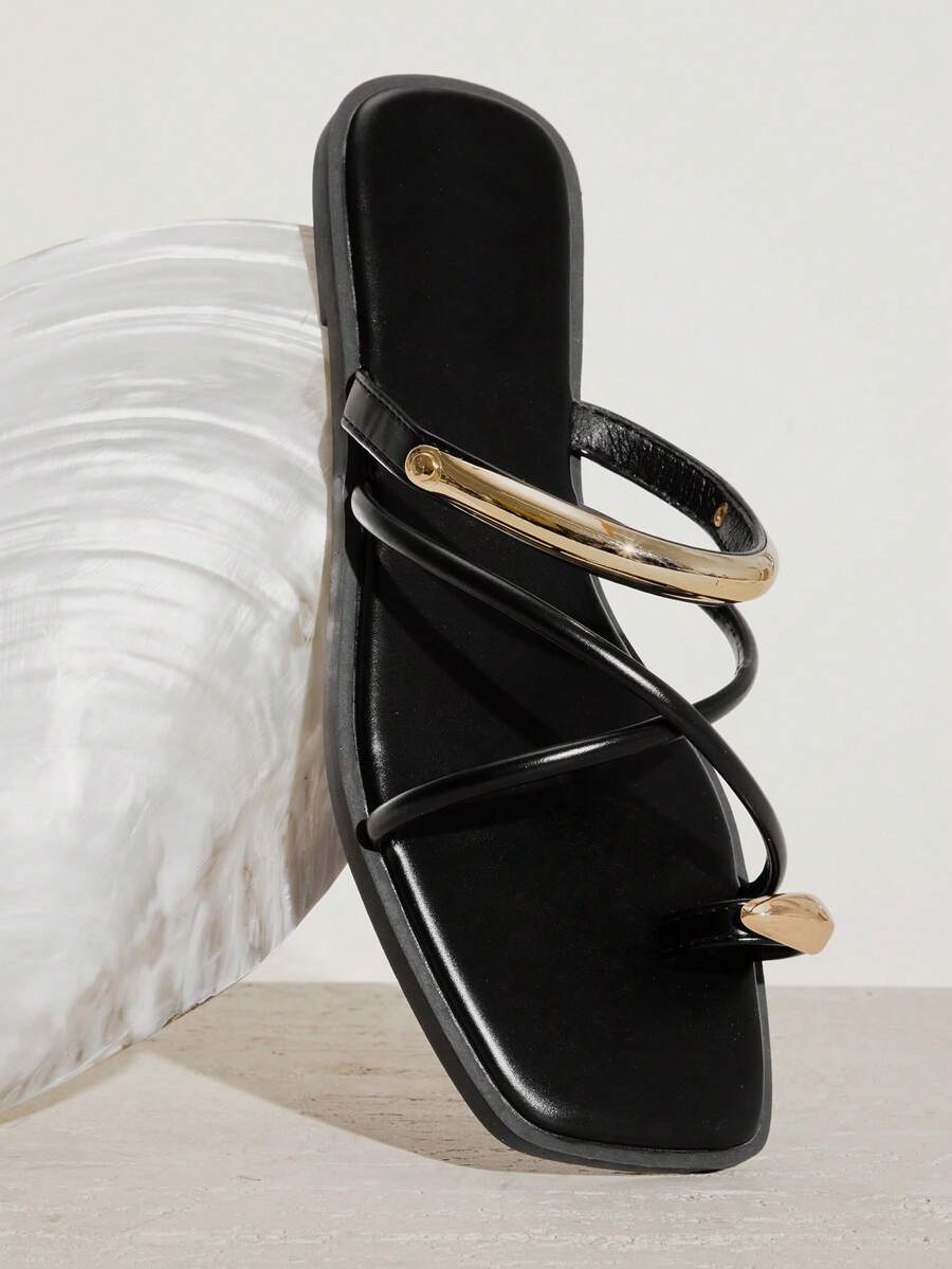 SHUZIA Women's Comfortable Gold Metal Toe Ring Slip-On Flat Sandals - Black - View 1