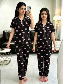 SHEIN Genkimix Kids Bộ đồ ngủ 2 món in họa tiết quả anh đào dễ thương dài tay và ngắn tay rộng rãi cho bé gái tuổi mới lớn - màu đen - Xem 8