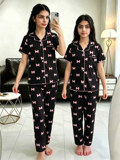 SHEIN Genkimix Kids Tween Girls' Apricot Cute Cherry Print Long Pants And Short Sleeve Casual Loose 2 Pieces Pajama Set