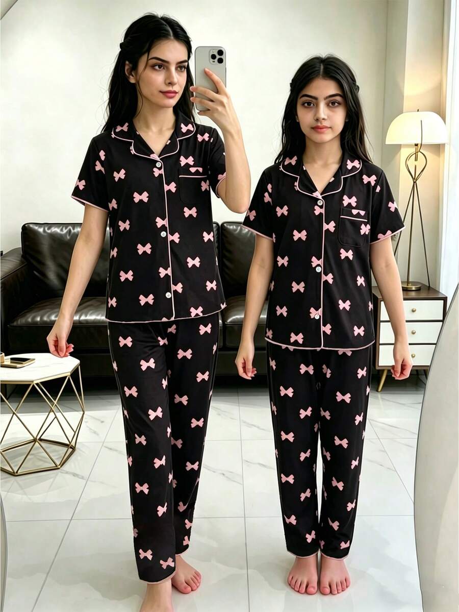 SHEIN Genkimix Kids Tween 女童杏色可爱樱桃印花长裤短袖休闲宽松两件套睡衣套装 - 黑色 - 查看 1