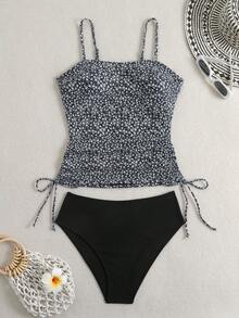 Swim Lushoire 女士吊带泳衣套装，泡泡纱面料碎花泳裤，配有可调节肩带，休闲沙滩度假吊带背心 - 黑色 - 查看 2