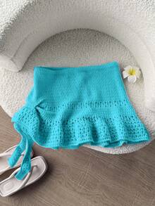 Flirla Gonna rossa da donna, outfit estivo da spiaggia alla moda, vita bassa, orlo arricciato e traforato, stile dolce e versatile da vacanza, minigonna in maglia - Blu - Visualizzare 3