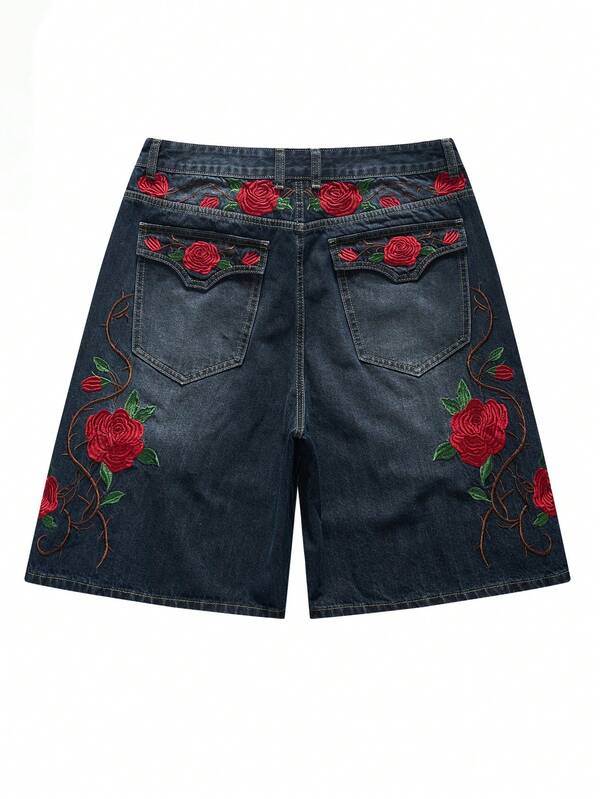 ROMWE MEN Quần short denim nam thêu hoa, có túi và cúc, kiểu dáng thường ngày, đa năng.