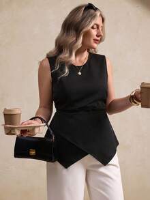 Elegantrix Blusa negra sólida con cintura cruzada elegante y ajustada para uso diario - Negro - Ver 1