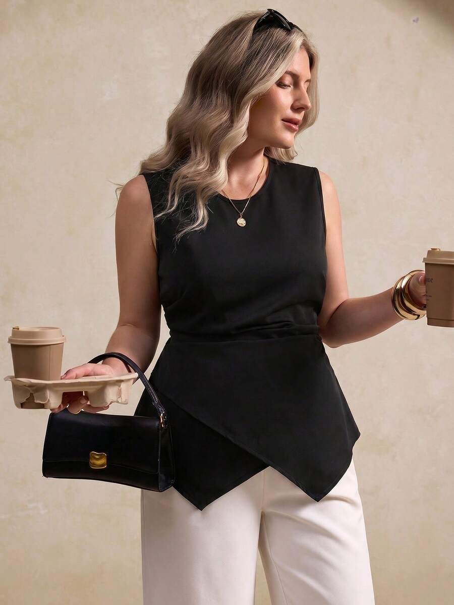 Elegantrix Blusa negra sólida con cintura cruzada elegante y ajustada para uso diario - Negro - Ver 1
