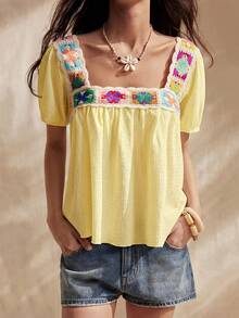 Easelle Women's Multicolor Woven Square Collar Short Sleeve Ruffle Hem Blouse, Suitable For Beach Vacation Bohemian Style Boho Top, Summer Shirt - Yellow - View 4