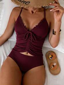 Swim Conjunto de tankini de traje de baño con parte superior sin mangas con cuello en V profundo y fruncido, y Bottom con cordón, para mujer.para viajes, vacaciones, piscina, pla - Azul - Ver 9