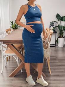 SHEIN Maternity Navy Blue 2-Piece Set,Summer Casual Halter Neck Tank Top & Stretchy Denim Midi Pencil Skirt For Pregnant Women,Holiday Over Bump Jean Skirt - Blue - View 6