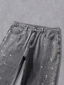 Manfinity Roghcode Jeans con adornos de rhinestones lavados para hombre - Gris - Ver 4