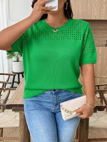 EMERY ROSE Plus Size Casual Hollow Out Round Neck Short Sleeve Top - Green - View 3