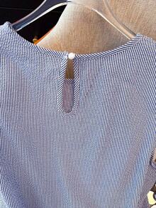 GlowEve CURVE Plus Size Round Neck Ruffle Sleeve Lace Patchwork Blue & White Striped Cropped Shirt - Blue and White - View 6