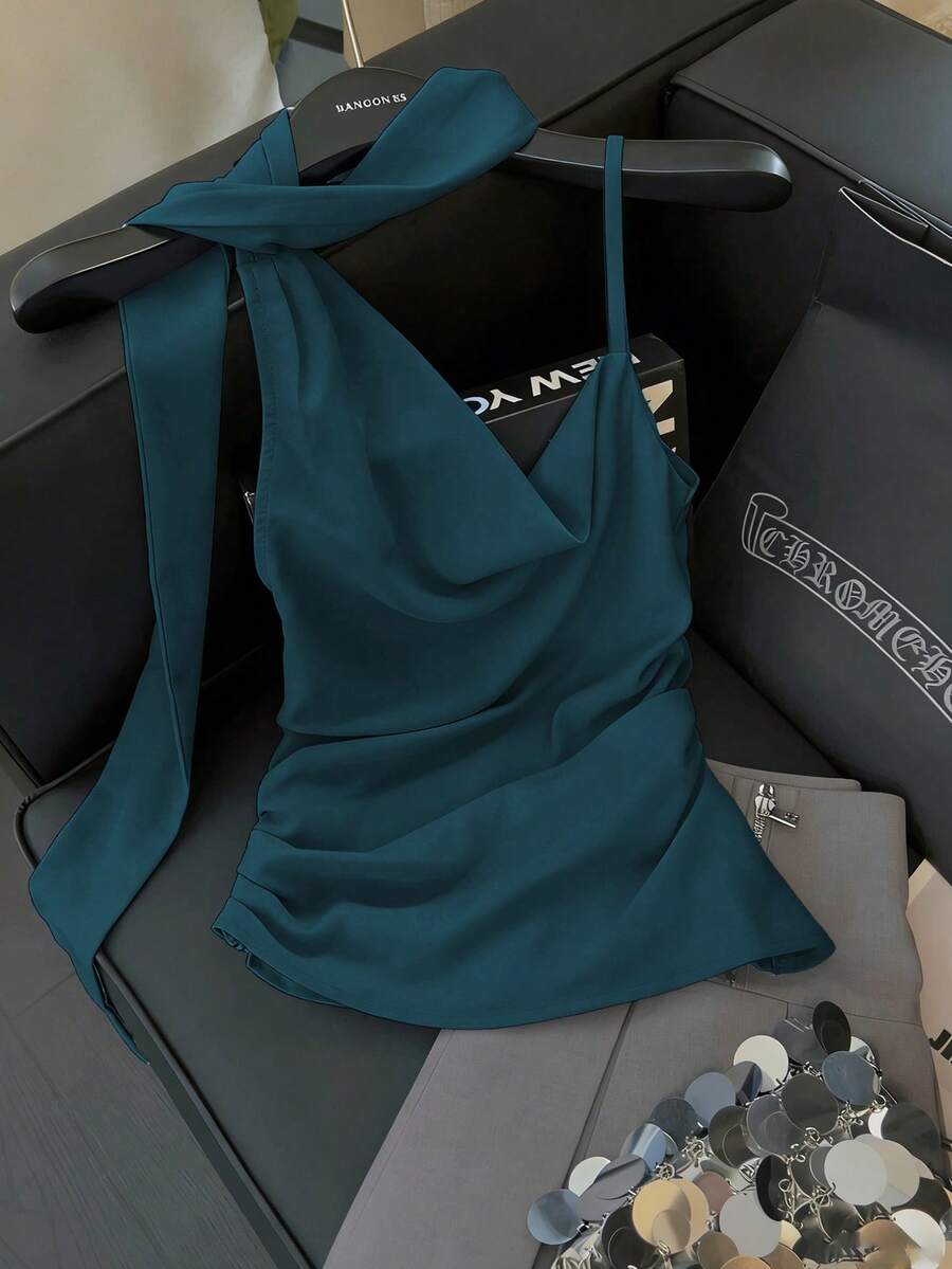 GlowEve 女款青色夏季優雅派對晚裝上衣,法式西西里純色腰部抓褶不對稱肩帶細肩帶背心,適合婚禮派對 - 水鴨藍 - 查看 1