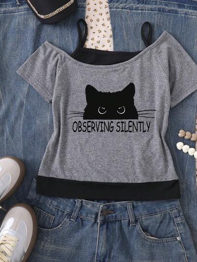 Cute Black Cat Print Cropped Shoulder T-Shirt For Teen GirlLightweight & Comfortable Casual Wear, Summer Cooling Series, Suitable For Teen GirlWomen, Cat Lovers, Kawaii