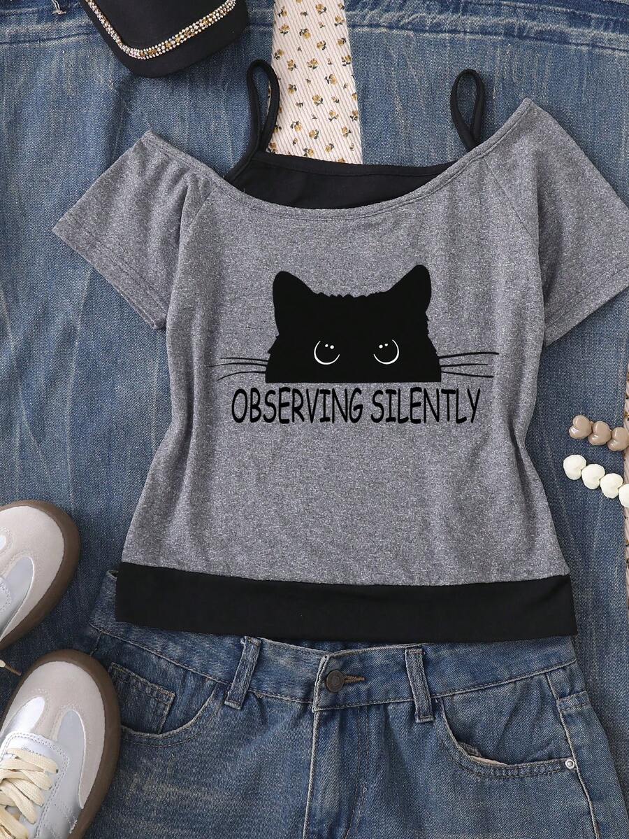 Cute Black Cat Print Cropped Cold Shoulder T-Shirt For Teen Girls,Summer Kawaii Casual Wear,Back-To-School & Graduation Gift,Comfortable Lightweight - Black and White - View 1