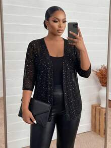 SHEIN Lady CURVE Áo khoác lưới mỏng đính đá Rhinestone cỡ lớn cho nữ Lễ Tạ ơn, Quần áo Giáng sinh, Áo đi chơi đêm giao thừa, Trang phục công sở, Tiệc tùng, Trang phục thường ngày cho phụ nữ, Phong cách quý tộc, Ngày lễ tình nhân, Tình yêu/Người yêu vào mùa thu/đông - màu đen - Xem 1