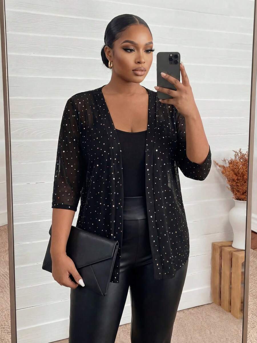 SHEIN Lady CURVE Áo khoác lưới mỏng đính đá Rhinestone cỡ lớn cho nữ Lễ Tạ ơn, Quần áo Giáng sinh, Áo đi chơi đêm giao thừa, Trang phục công sở, Tiệc tùng, Trang phục thường ngày cho phụ nữ, Phong cách quý tộc, Ngày lễ tình nhân, Tình yêu/Người yêu vào mùa thu/đông - màu đen - Xem 1