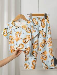 Bộ đồ ngủ và đồ mặc nhà cho bé trai in hình sư tử dễ thương, cổ áo mở, tay ngắn, thích hợp cho phòng điều hòa, thiết kế áo cardigan cổ bẻ + nút cài, dễ mặc và cởi, đồ ngủ rộng rãi thoải mái. - Nhiều màu - Xem 9